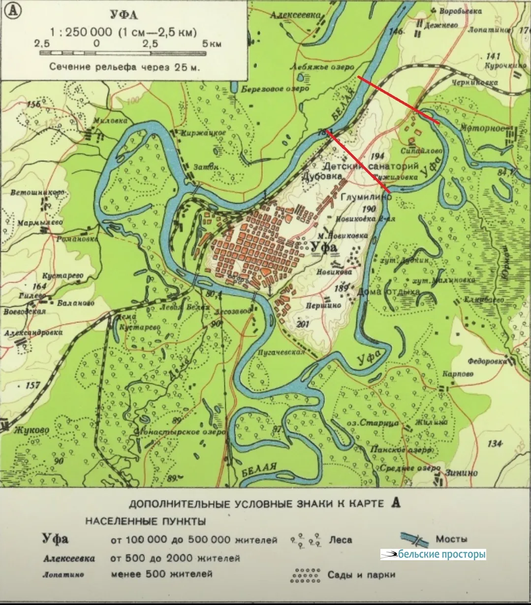 Карта Уфы 1930-х с указанием возможных мест строительства канала